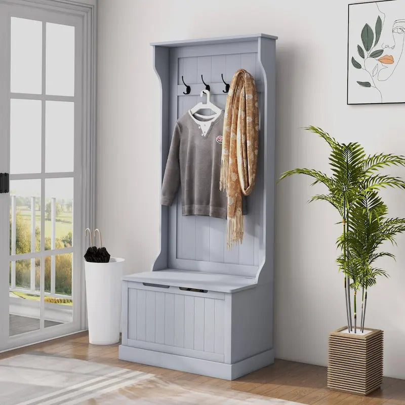 HOMCOM 28 3-In-1 Entryway Hall Tree with Storage Bench, Coat Rack with Four Hooks and Shoe Storage, Gray