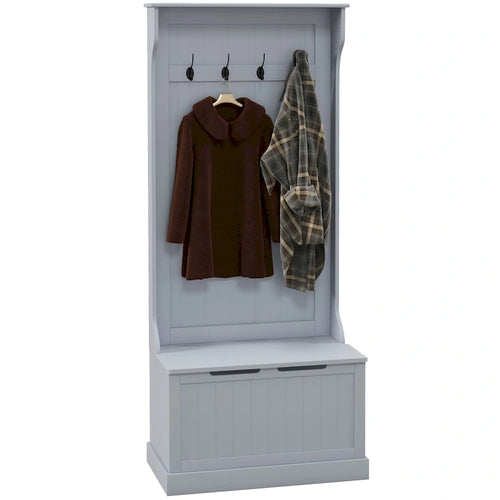 28 Vestiaire d'entrée 3-en-1 avec banc de rangement, porte-manteau à quatre crochets et rangement à chaussures, gris