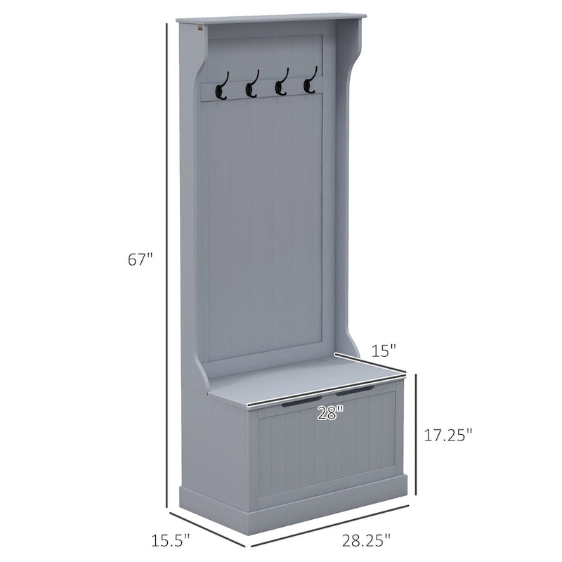 28 Vestiaire d'entrée 3-en-1 avec banc de rangement, porte-manteau à quatre crochets et rangement à chaussures, gris