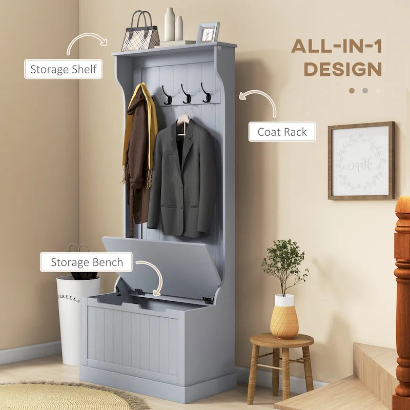 28 Vestiaire d'entrée 3-en-1 avec banc de rangement, porte-manteau à quatre crochets et rangement à chaussures, gris