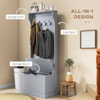 28 Vestiaire d'entrée 3-en-1 avec banc de rangement, porte-manteau à quatre crochets et rangement à chaussures, gris