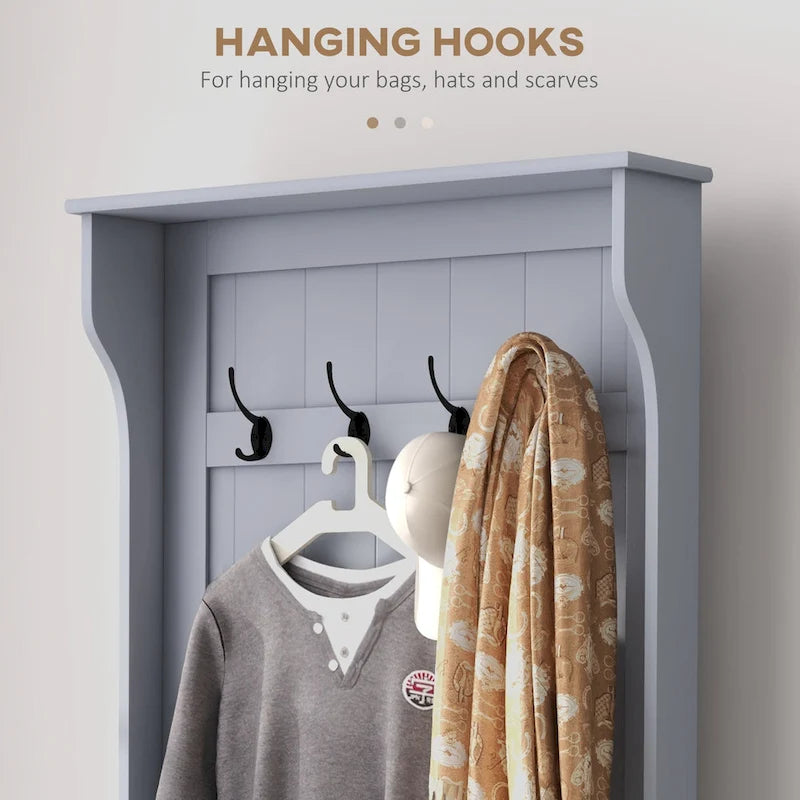 28 Vestiaire d'entrée 3-en-1 avec banc de rangement, porte-manteau à quatre crochets et rangement à chaussures, gris