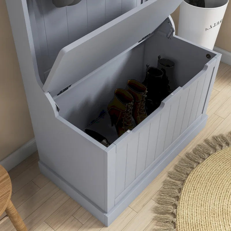 28 Vestiaire d'entrée 3-en-1 avec banc de rangement, porte-manteau à quatre crochets et rangement à chaussures, gris
