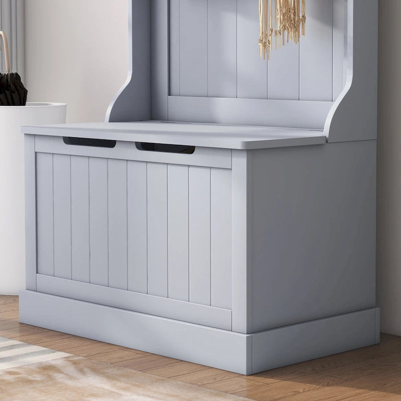 28 Vestiaire d'entrée 3-en-1 avec banc de rangement, porte-manteau à quatre crochets et rangement à chaussures, gris