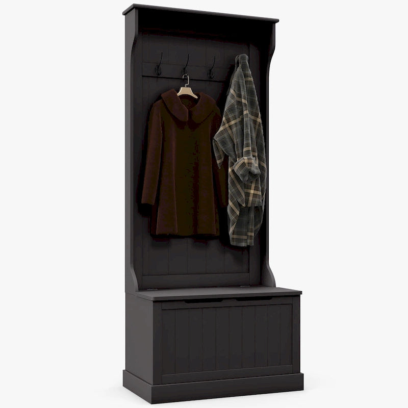 28 Vestiaire d'entrée 3-en-1 avec banc de rangement, porte-manteau à quatre crochets et rangement à chaussures, gris