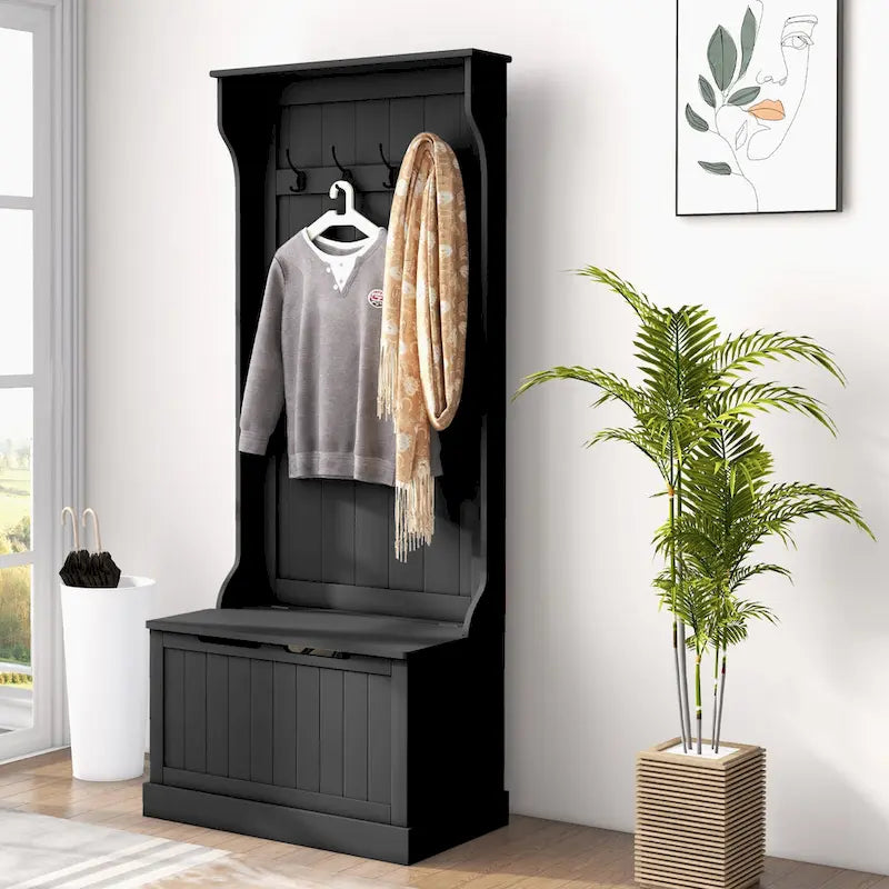 28 Vestiaire d'entrée 3-en-1 avec banc de rangement, porte-manteau à quatre crochets et rangement à chaussures, gris