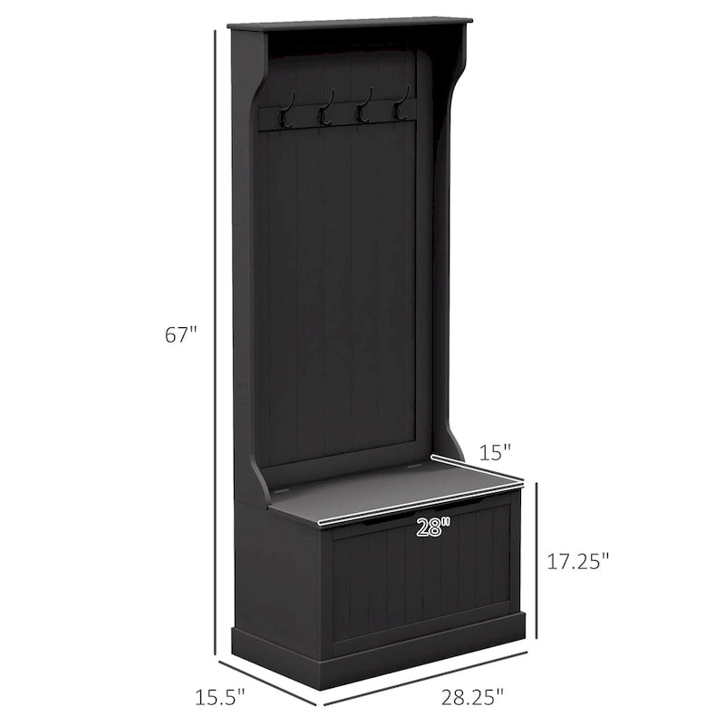28 Vestiaire d'entrée 3-en-1 avec banc de rangement, porte-manteau à quatre crochets et rangement à chaussures, gris