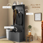 28 Vestiaire d'entrée 3-en-1 avec banc de rangement, porte-manteau à quatre crochets et rangement à chaussures, gris