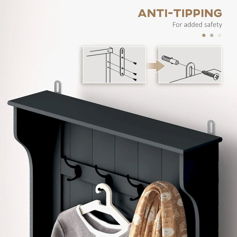 28 Vestiaire d'entrée 3-en-1 avec banc de rangement, porte-manteau à quatre crochets et rangement à chaussures, gris