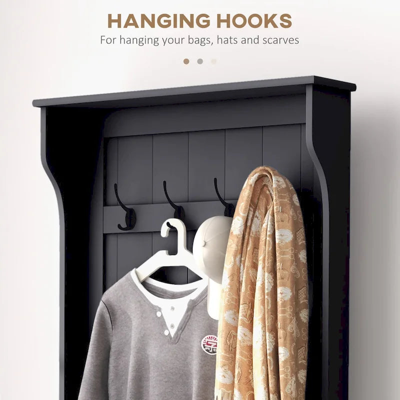 28 Vestiaire d'entrée 3-en-1 avec banc de rangement, porte-manteau à quatre crochets et rangement à chaussures, gris