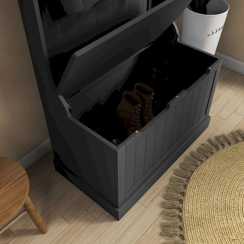 28 Vestiaire d'entrée 3-en-1 avec banc de rangement, porte-manteau à quatre crochets et rangement à chaussures, gris