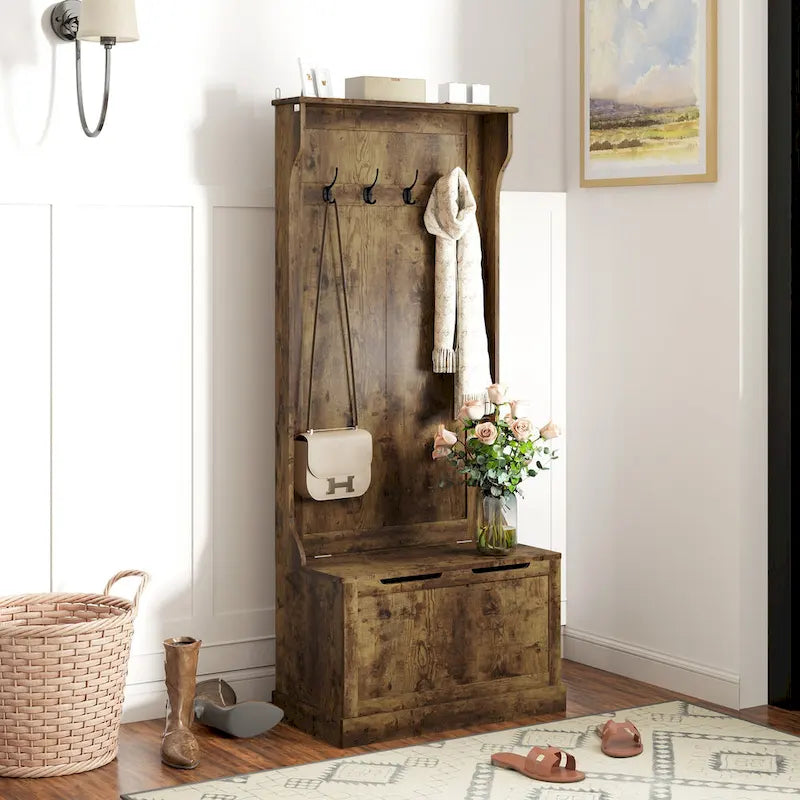 28 Vestiaire d'entrée 3-en-1 avec banc de rangement, porte-manteau à quatre crochets et rangement à chaussures, gris