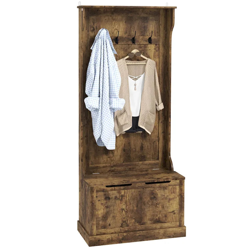 28 Vestiaire d'entrée 3-en-1 avec banc de rangement, porte-manteau à quatre crochets et rangement à chaussures, gris