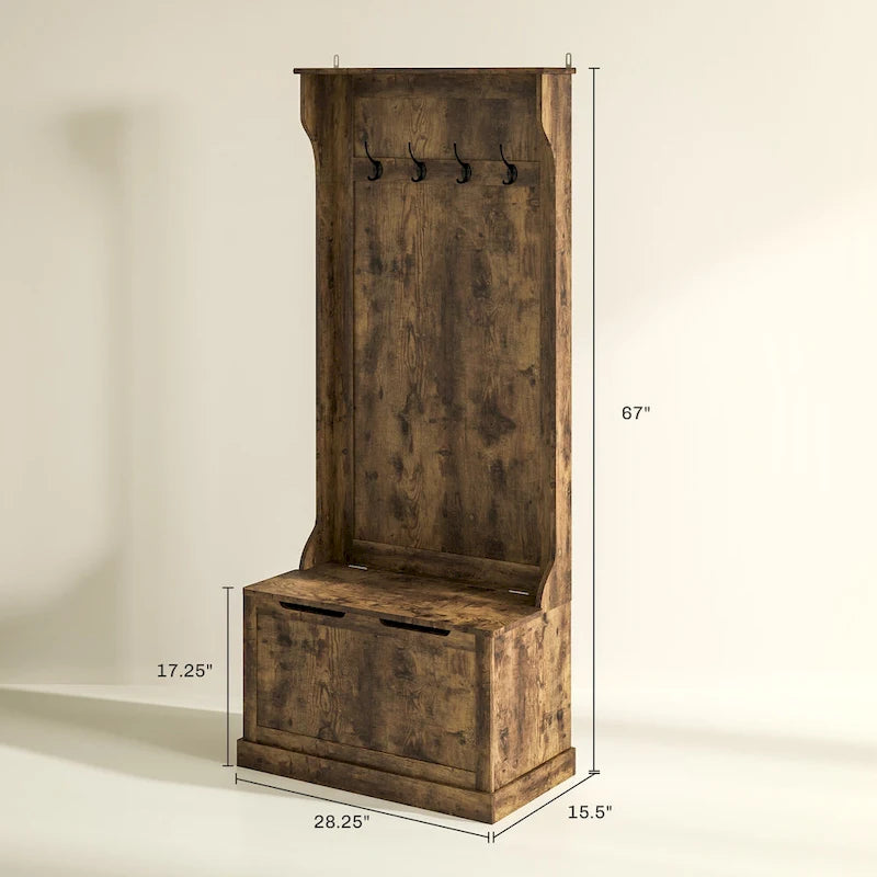 28 Vestiaire d'entrée 3-en-1 avec banc de rangement, porte-manteau à quatre crochets et rangement à chaussures, gris