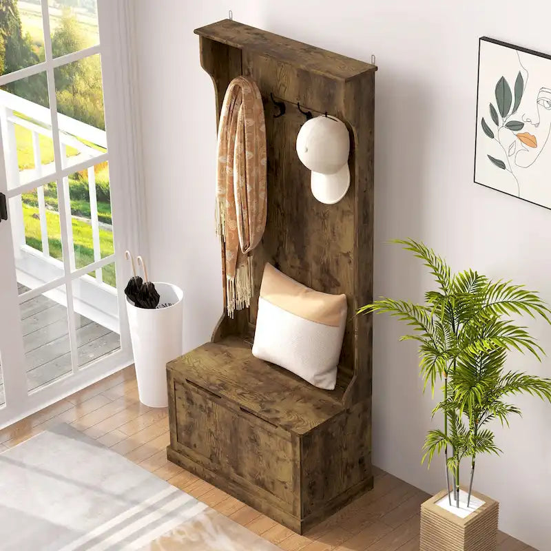 28 Vestiaire d'entrée 3-en-1 avec banc de rangement, porte-manteau à quatre crochets et rangement à chaussures, gris