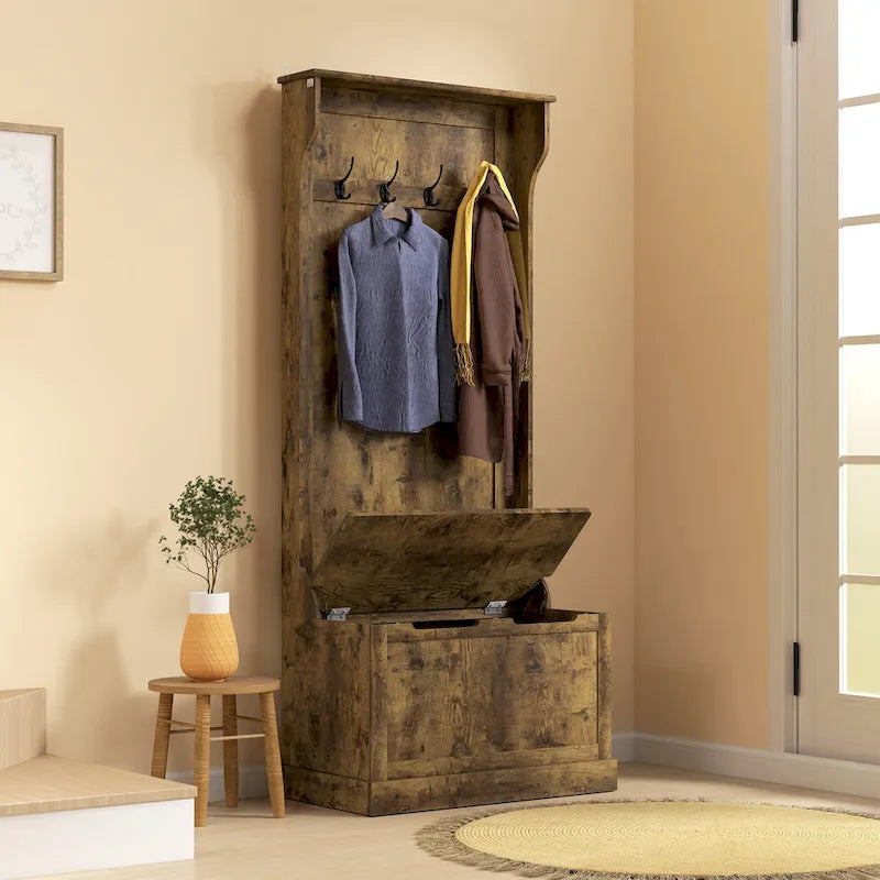 28 Vestiaire d'entrée 3-en-1 avec banc de rangement, porte-manteau à quatre crochets et rangement à chaussures, gris