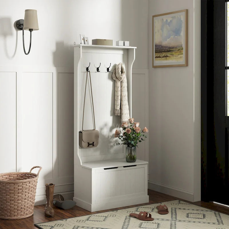 28 Vestiaire d'entrée 3-en-1 avec banc de rangement, porte-manteau à quatre crochets et rangement à chaussures, gris