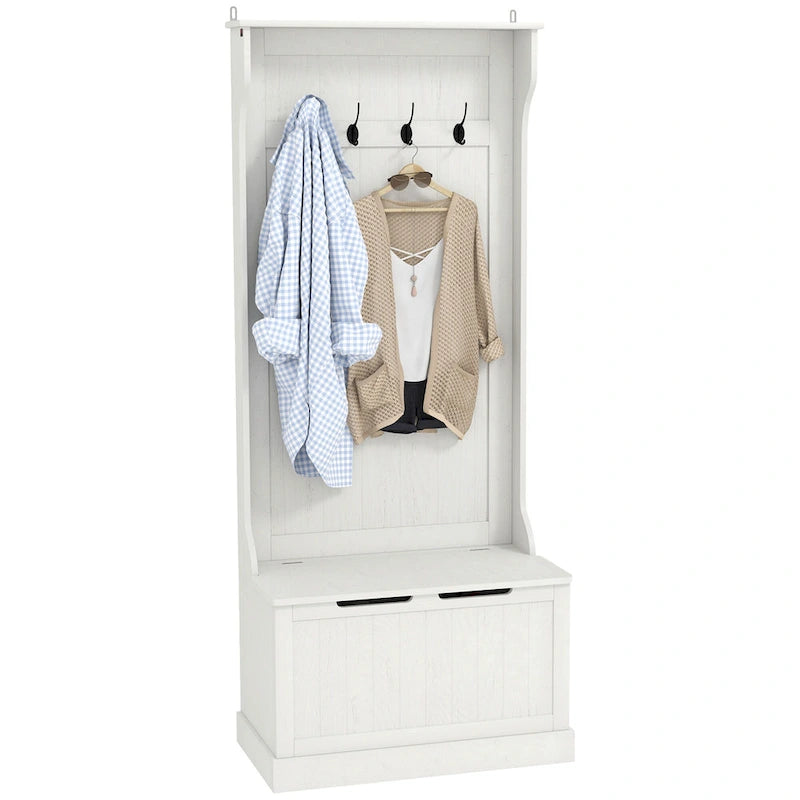 28 Vestiaire d'entrée 3-en-1 avec banc de rangement, porte-manteau à quatre crochets et rangement à chaussures, gris