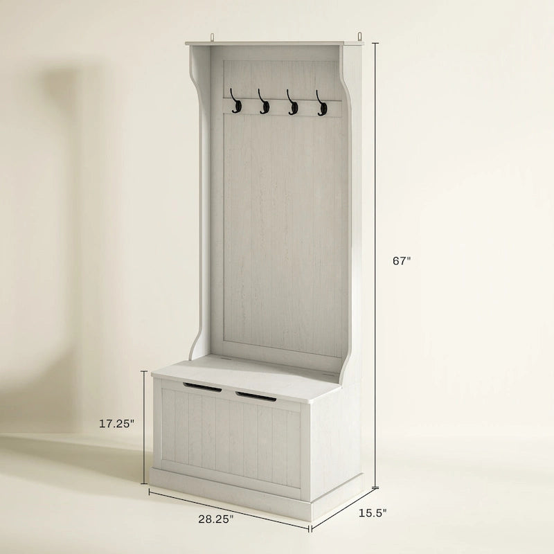 28 Vestiaire d'entrée 3-en-1 avec banc de rangement, porte-manteau à quatre crochets et rangement à chaussures, gris