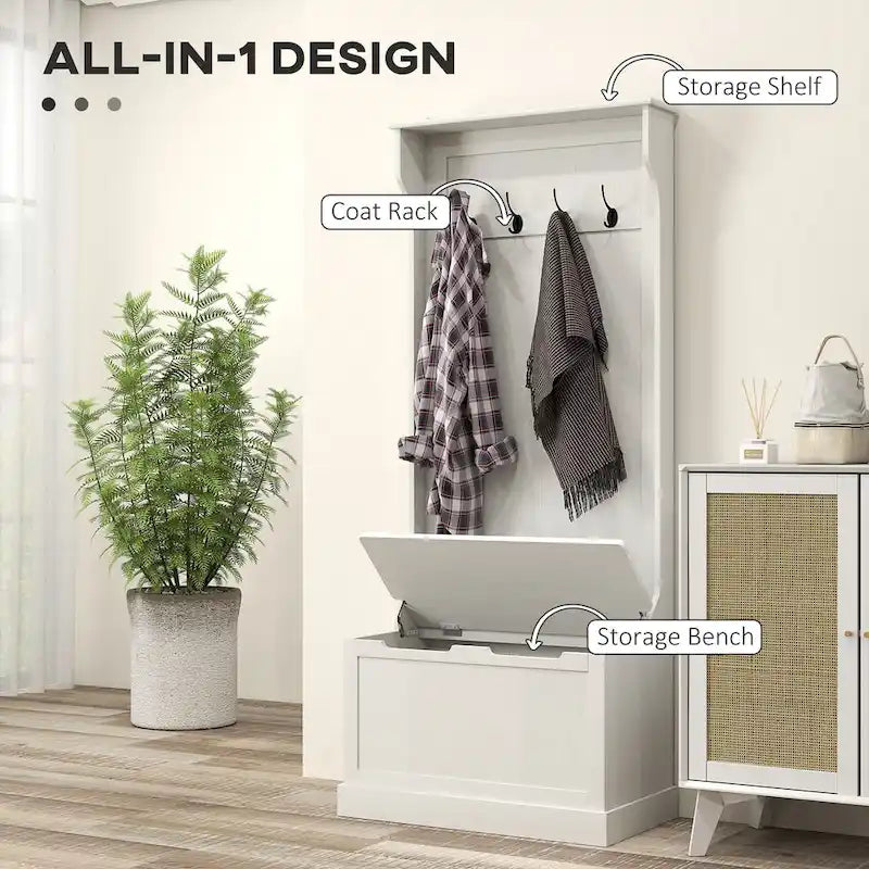 28 Vestiaire d'entrée 3-en-1 avec banc de rangement, porte-manteau à quatre crochets et rangement à chaussures, gris