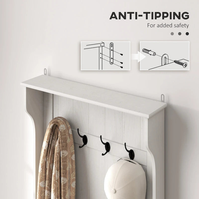 28 Vestiaire d'entrée 3-en-1 avec banc de rangement, porte-manteau à quatre crochets et rangement à chaussures, gris