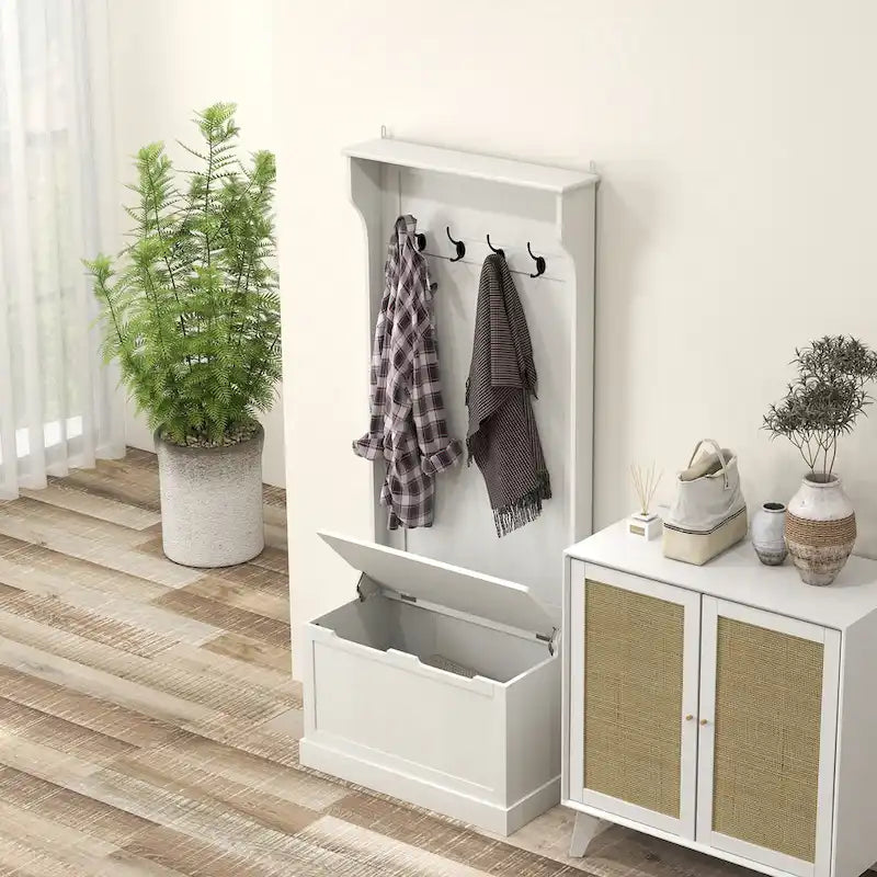 28 Vestiaire d'entrée 3-en-1 avec banc de rangement, porte-manteau à quatre crochets et rangement à chaussures, gris
