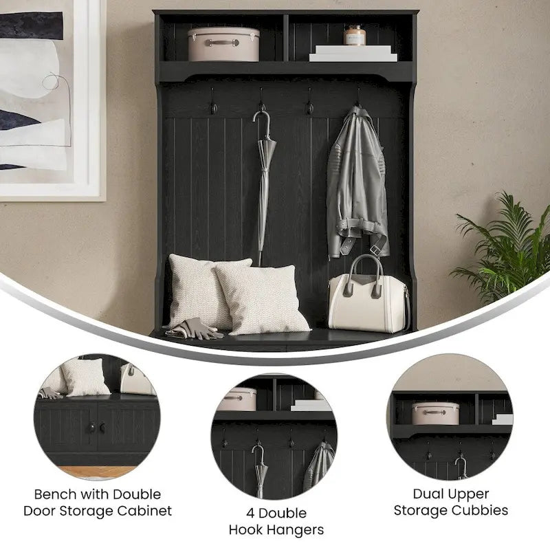 Porte-manteau d'entrée 4 patères avec banc de rangement et casiers supérieurs