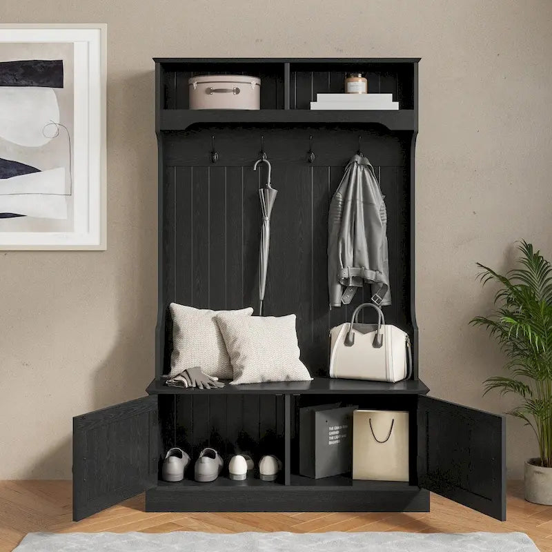 Porte-manteau d'entrée 4 patères avec banc de rangement et casiers supérieurs