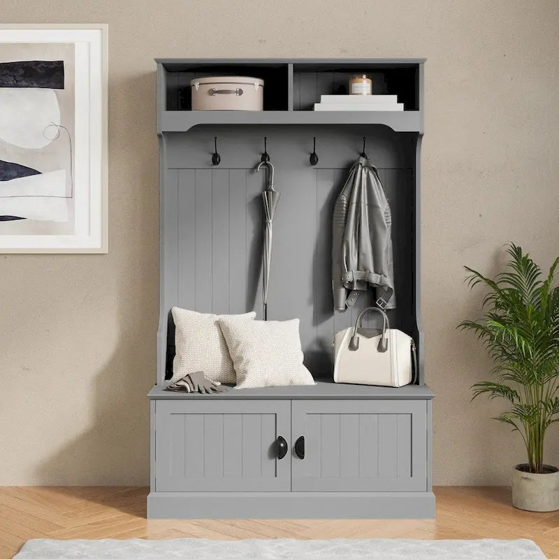 Porte-manteau d'entrée 4 patères avec banc de rangement et casiers supérieurs