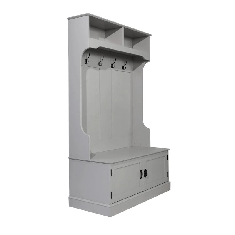 Porte-manteau d'entrée 4 patères avec banc de rangement et casiers supérieurs