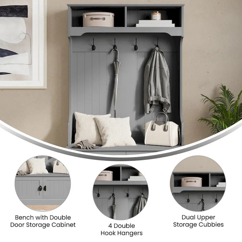 Porte-manteau d'entrée 4 patères avec banc de rangement et casiers supérieurs