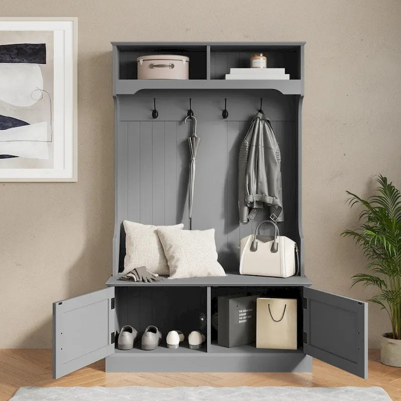 Porte-manteau d'entrée 4 patères avec banc de rangement et casiers supérieurs