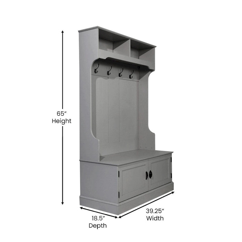 Porte-manteau d'entrée 4 patères avec banc de rangement et casiers supérieurs