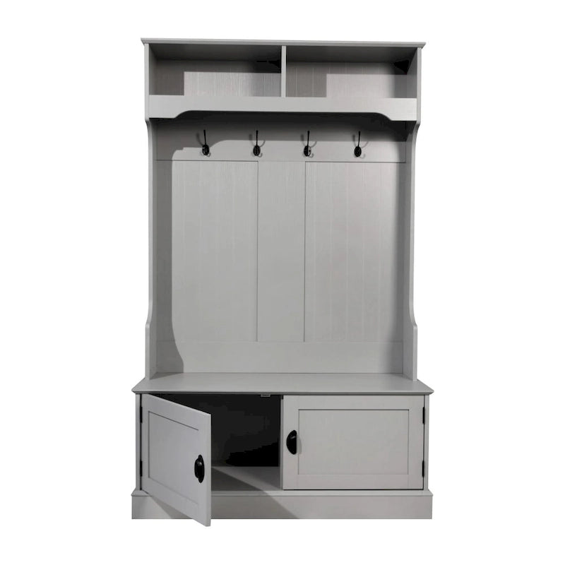 Porte-manteau d'entrée 4 patères avec banc de rangement et casiers supérieurs