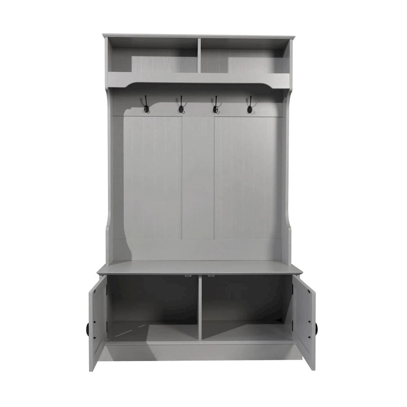 Porte-manteau d'entrée 4 patères avec banc de rangement et casiers supérieurs