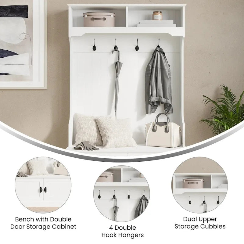 Porte-manteau d'entrée 4 patères avec banc de rangement et casiers supérieurs