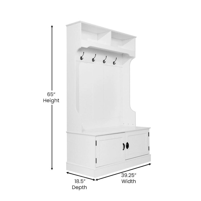 Porte-manteau d'entrée 4 patères avec banc de rangement et casiers supérieurs