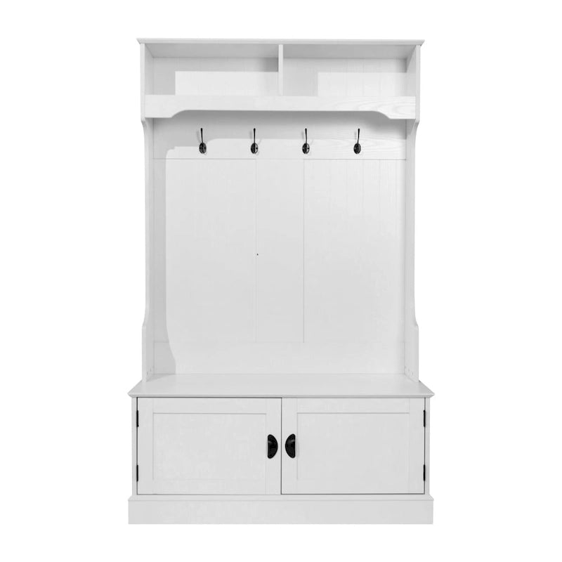 Porte-manteau d'entrée 4 patères avec banc de rangement et casiers supérieurs