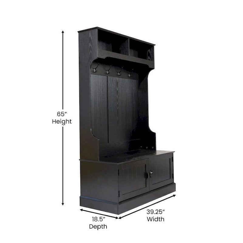 Porte-manteau d'entrée 4 patères avec banc de rangement et casiers supérieurs