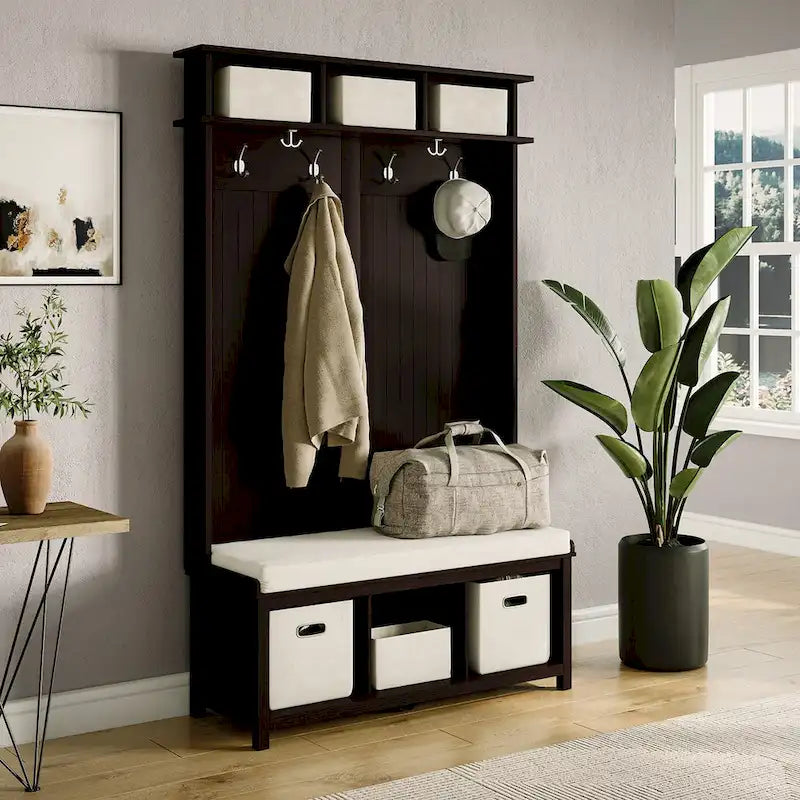 Meuble d'entrée en bois massif avec rangement à chaussures et 2 bacs