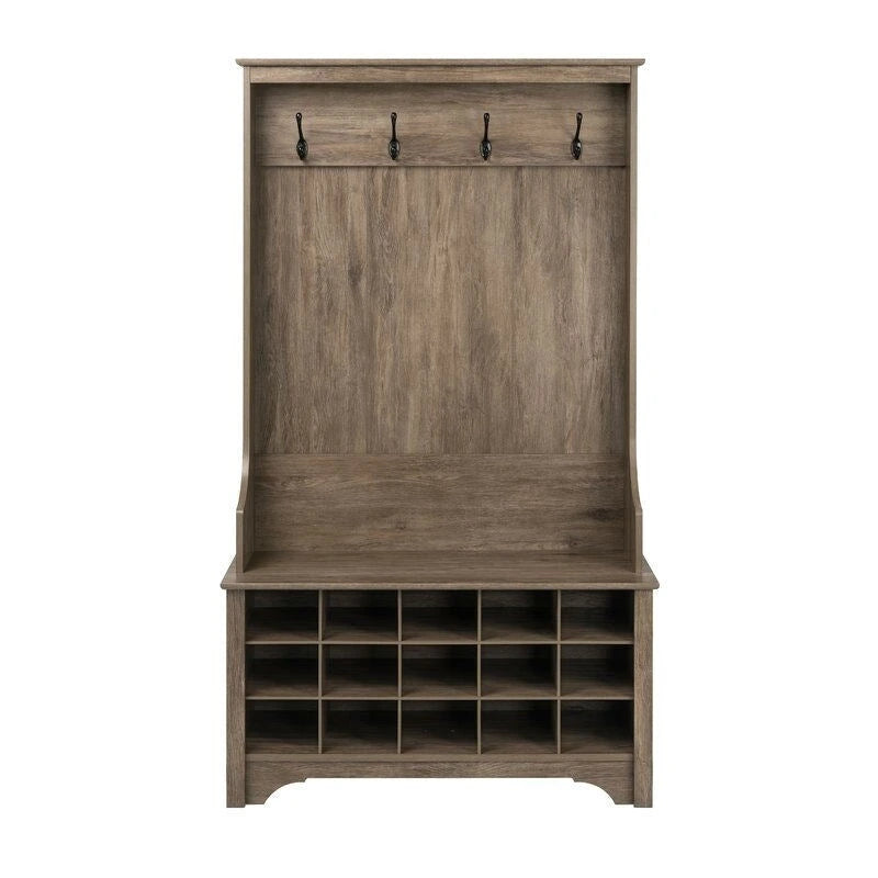 Grey Entryway Hall Tree Shoe Cubbie Coat Rack - 68 H x 38 W x 15.5 D