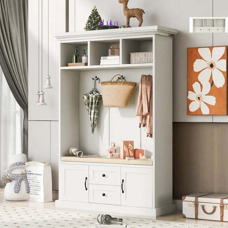 Porte-manteau d'entrée 3-en-1 avec 3 patères et banc de rangement - 120 l x 180 h x 40 P cm