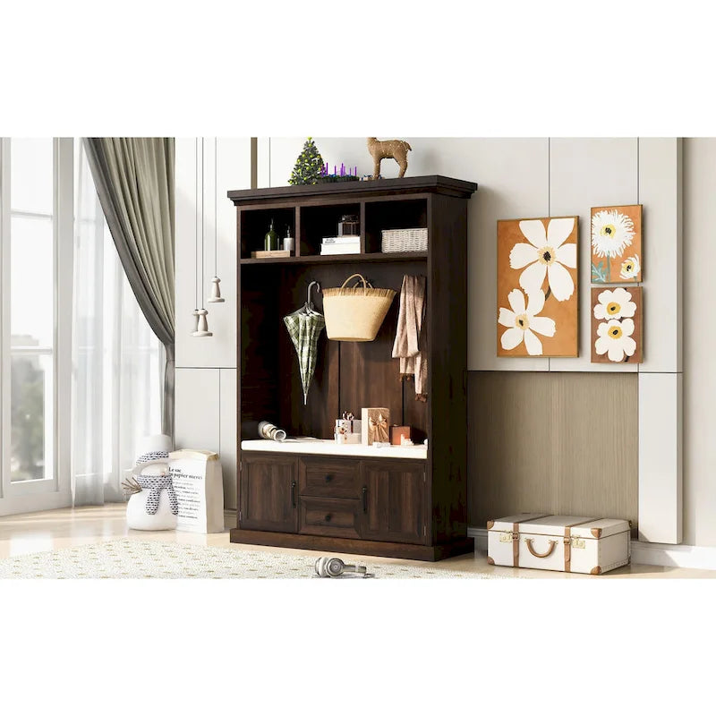 Porte-manteau d'entrée 3-en-1 avec 3 patères et banc de rangement - 120 l x 180 h x 40 P cm