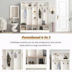 Meuble d'entrée large avec banc de rangement - Meuble à chaussures minimaliste, rangements cubiques, 8 crochets