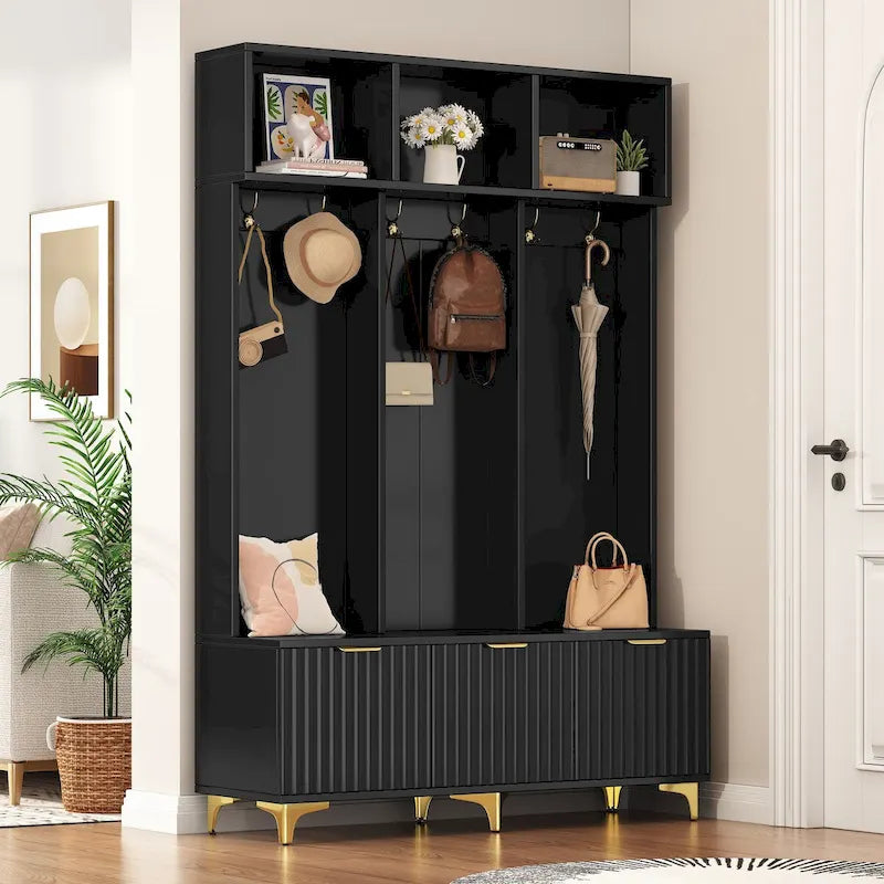 Meuble d'entrée avec banc de rangement, Banc de rangement multifonctionnel avec portes cannelées très brillantes, Portemanteau avec 6 crochets et pieds