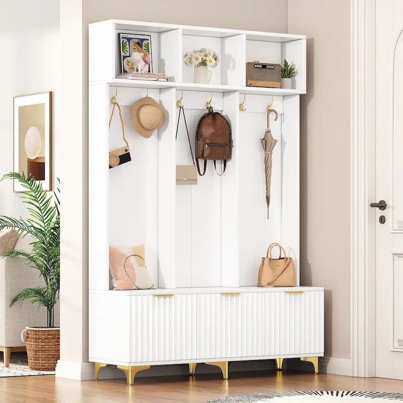 Meuble d'entrée avec banc de rangement, Banc de rangement multifonctionnel avec portes cannelées très brillantes, Portemanteau avec 6 crochets et pieds