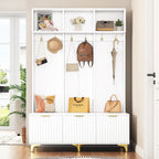 Meuble d'entrée avec banc de rangement, Banc de rangement multifonctionnel avec portes cannelées très brillantes, Portemanteau avec 6 crochets et pieds