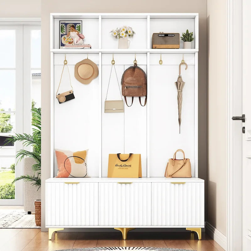 Meuble d'entrée avec banc de rangement, Banc de rangement multifonctionnel avec portes cannelées très brillantes, Portemanteau avec 6 crochets et pieds
