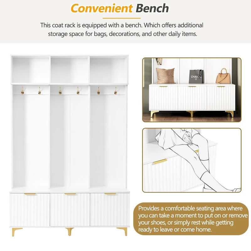 Meuble d'entrée avec banc de rangement, Banc de rangement multifonctionnel avec portes cannelées très brillantes, Portemanteau avec 6 crochets et pieds