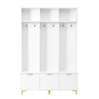 Meuble d'entrée avec banc de rangement, Banc de rangement multifonctionnel avec portes cannelées très brillantes, Portemanteau avec 6 crochets et pieds